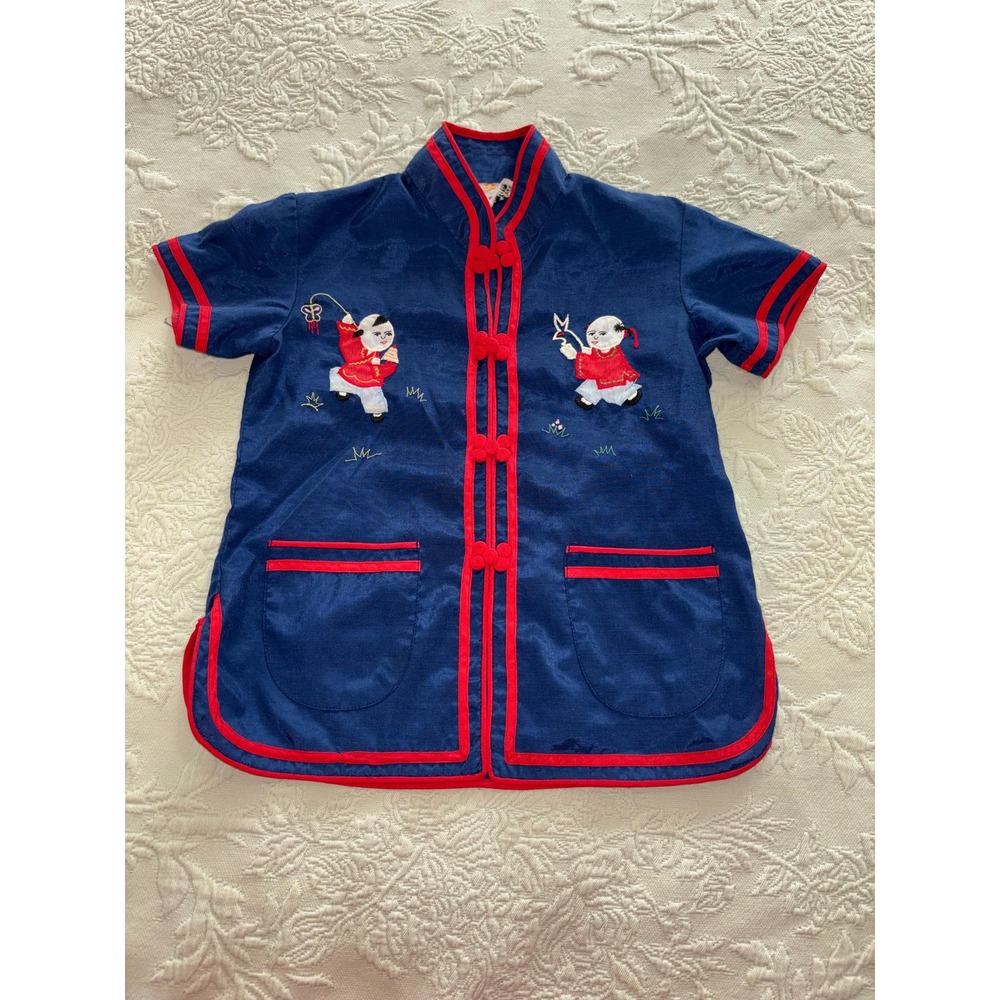 Lyre Bird Asian Toddler Shirt Top Size 4 Chinese Applique Blue